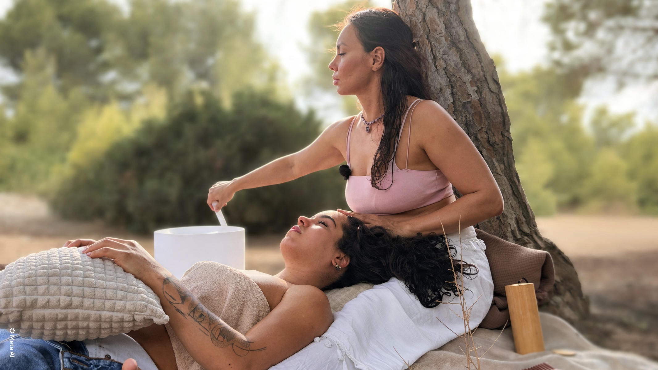 Sound healing session with crystal singing bowls during a relaxing massage at My Chi Flow